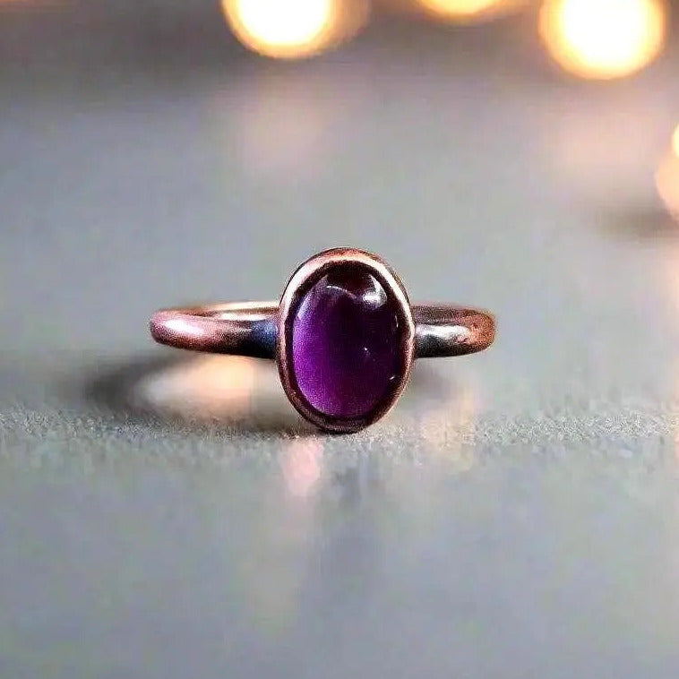 Electroformed Copper Amethyst Ring: February Birthstone Boho Jewelry - BlackbirdSageStudio