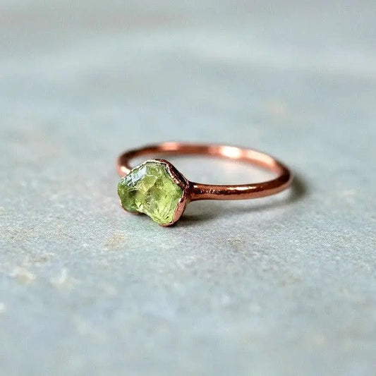 Dainty Raw Peridot Copper Ring: August Birthstone Jewelry, Electroformed Adornments, Bohemian Crystal Jewelry - BlackbirdSageStudio