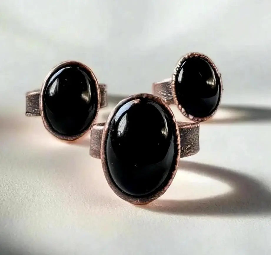 Onyx Statement Ring Handmade Copper Electroformed Boho Jewelry Witchy Black Stone Crystal Gift - BlackbirdSageStudio