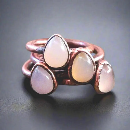 Electroformed Copper Ring: Pink Chalcedony Pear Cabochon, Boho Style - BlackbirdSageStudio