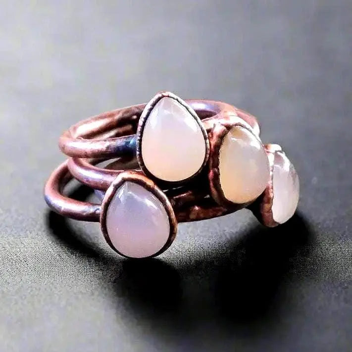 Electroformed Copper Ring: Pink Chalcedony Pear Cabochon, Boho Style - BlackbirdSageStudio
