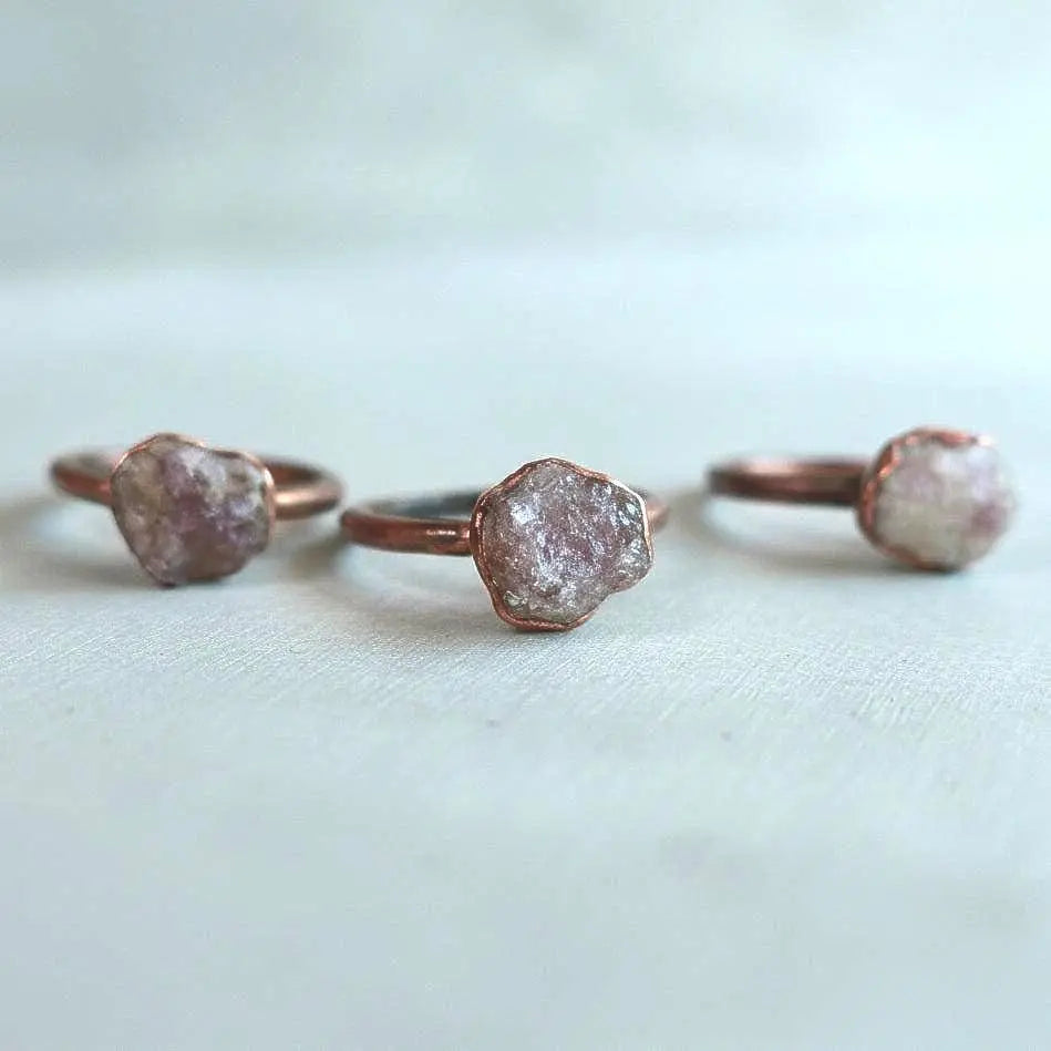 Electroformed Lepidolite Crystal Ring: Raw Stone Copper Boho Jewelry - BlackbirdSageStudio