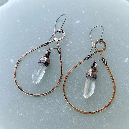 Electroformed Copper Quartz Point Earrings: Hand Hammered Bronze Hoops - BlackbirdSageStudio