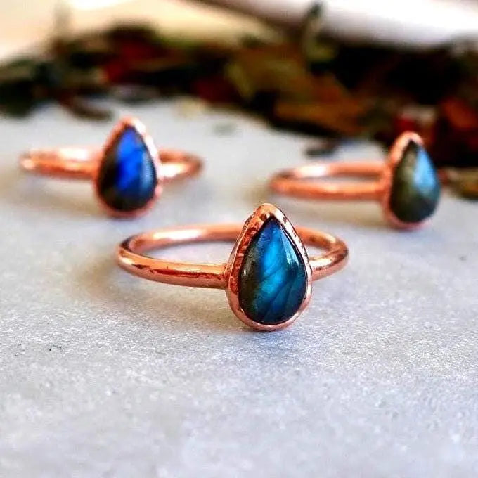 Electroformed Copper Labradorite Ring: Teardrop Boho Jewelry, Crystal Jewelry Gift, Holiday Present For Her - BlackbirdSageStudio