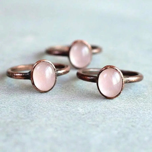 Electroformed Rose Quartz Ring, Oval Cab, Copper Jewelry - BlackbirdSageStudio