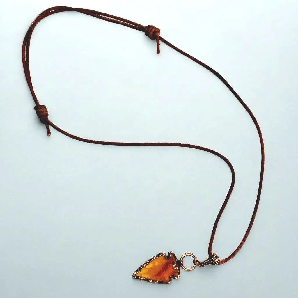 Carnelian Arrowhead Pendant: Copper Electroformed Leather Necklace - BlackbirdSageStudio