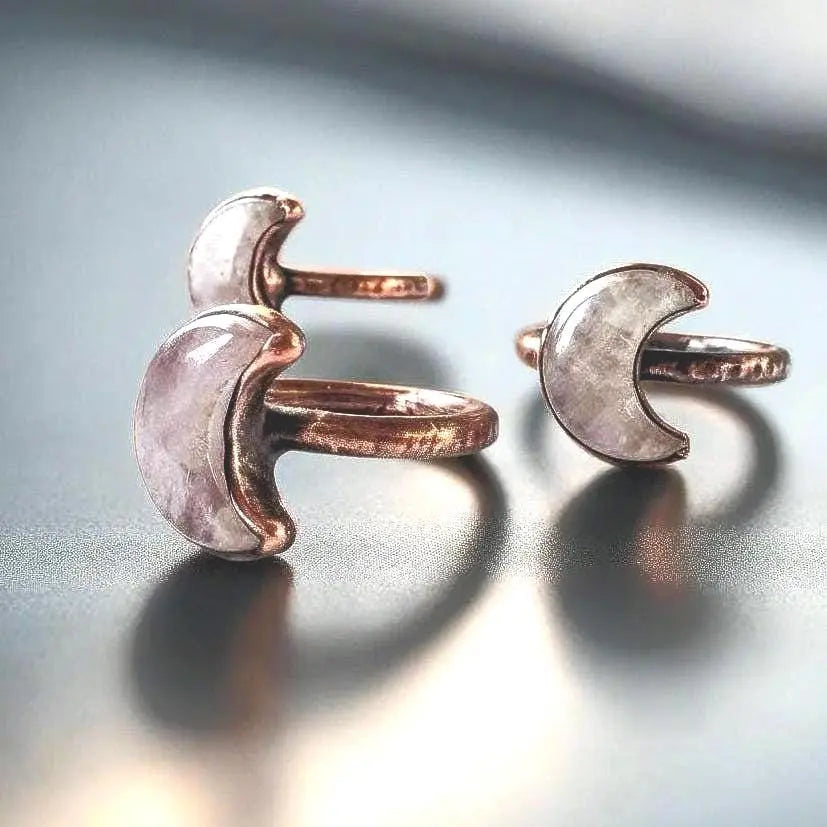Kunzite Crescent Moon Ring: Electroformed Copper Boho Jewelry - BlackbirdSageStudio