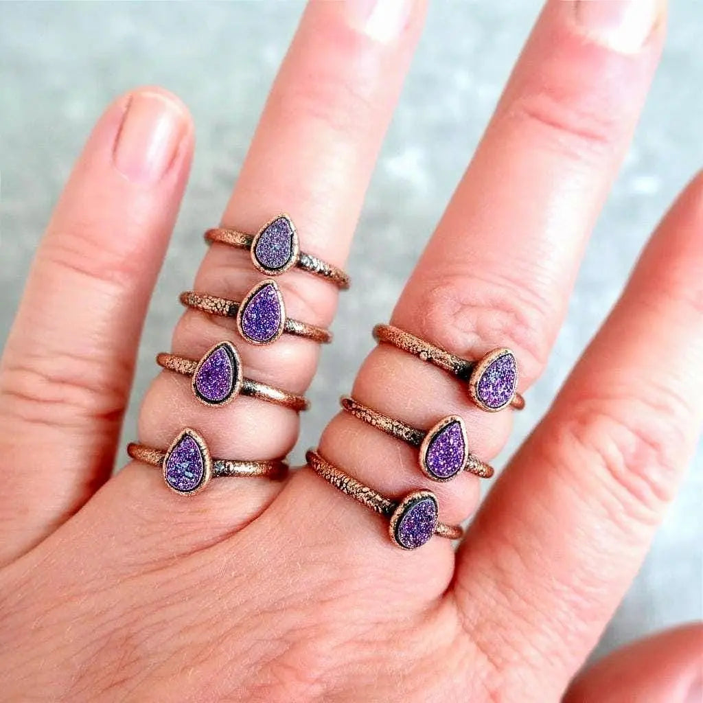 Electroformed Copper Ring: Purple Druzy Quartz Teardrop, Boho Rustic - BlackbirdSageStudio