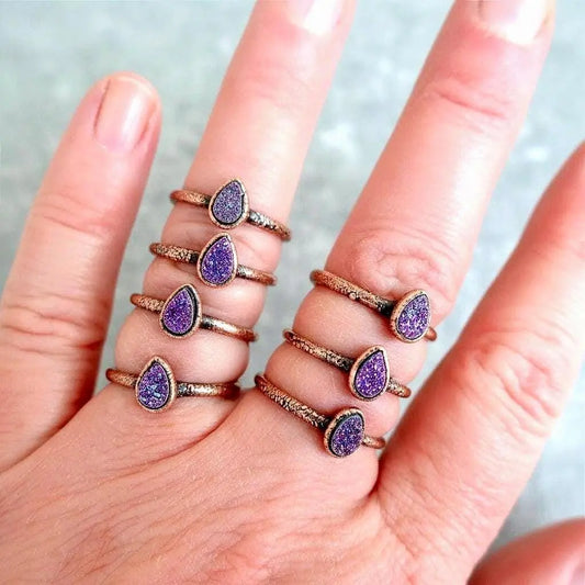 Electroformed Copper Ring: Purple Druzy Quartz Teardrop, Boho Rustic - BlackbirdSageStudio