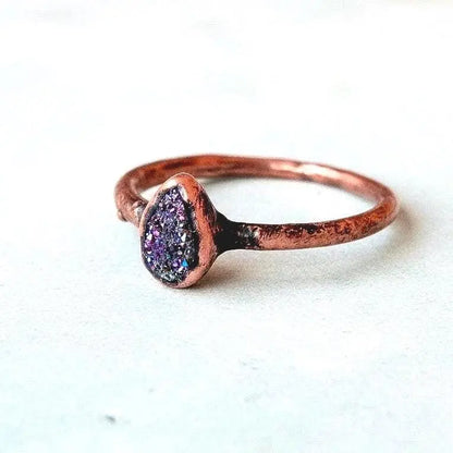 Electroformed Copper Ring: Purple Druzy Quartz Teardrop, Boho Rustic - BlackbirdSageStudio
