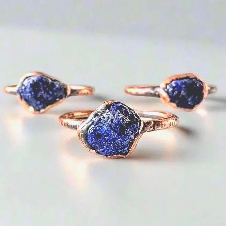 Raw Azurite Copper Ring: Electroformed Boho Gemstone Jewelry - BlackbirdSageStudio