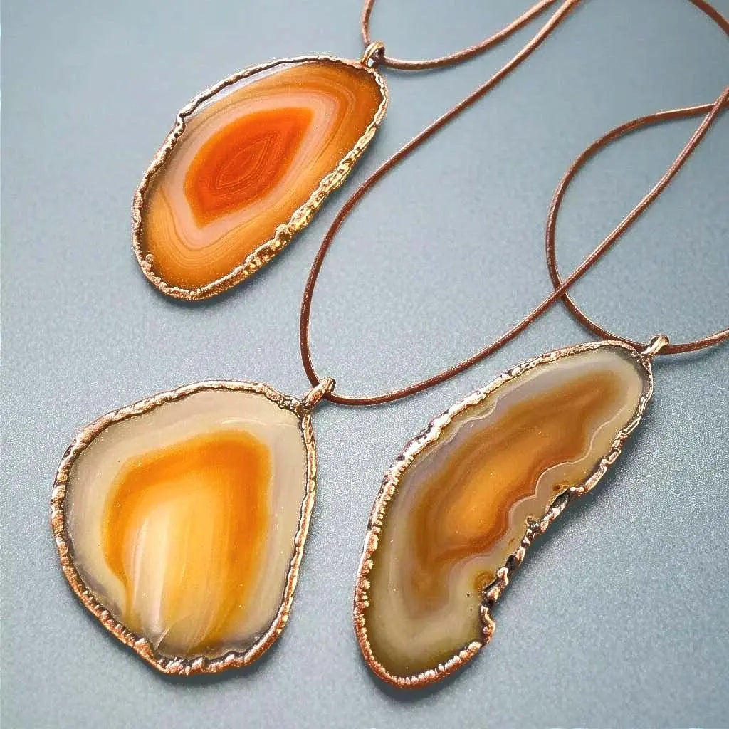 Red Agate Slice Necklace: Electroformed Copper Pendant, Leather Cord - BlackbirdSageStudio