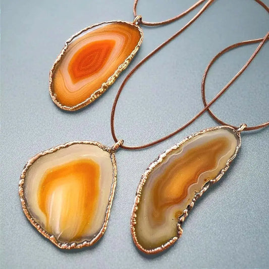 Red Agate Slice Necklace: Electroformed Copper Pendant, Leather Cord - BlackbirdSageStudio