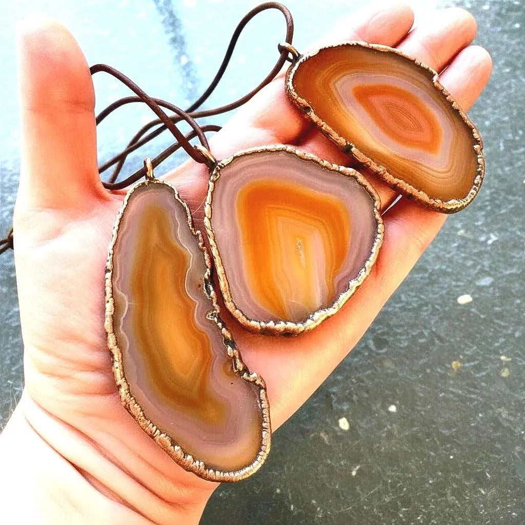 Red Agate Slice Necklace: Electroformed Copper Pendant, Leather Cord - BlackbirdSageStudio
