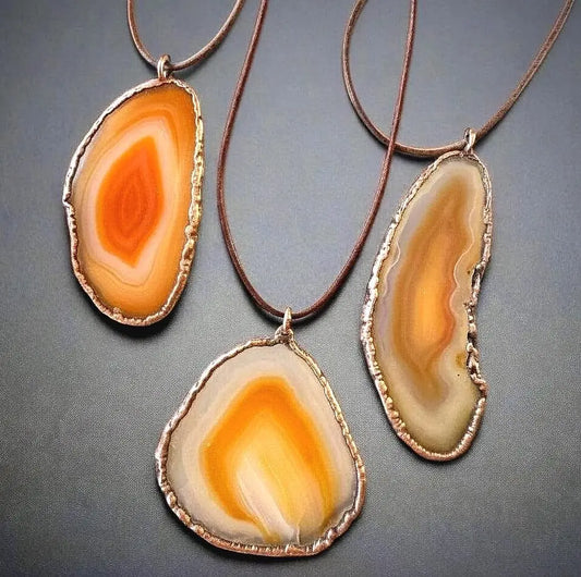 Red Agate Slice Necklace: Electroformed Copper Pendant, Leather Cord - BlackbirdSageStudio