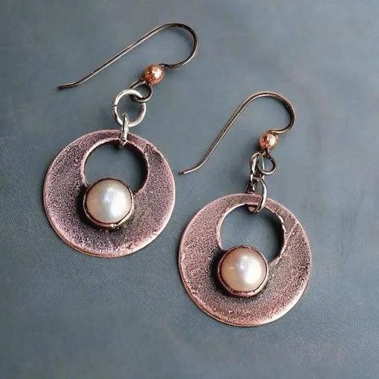 Electroformed Copper Pearl Drop Earrings: Hypoallergenic Niobium Wires - BlackbirdSageStudio