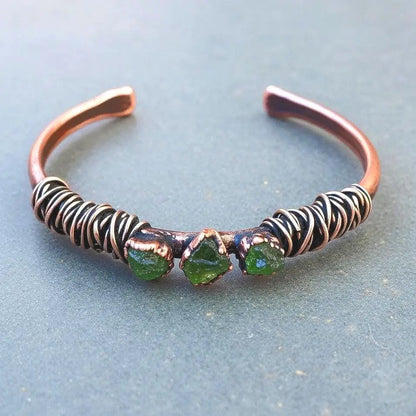 Raw Peridot Copper Cuff Bracelet: Electroformed Bronze Wire Wrapped Bangle - BlackbirdSageStudio