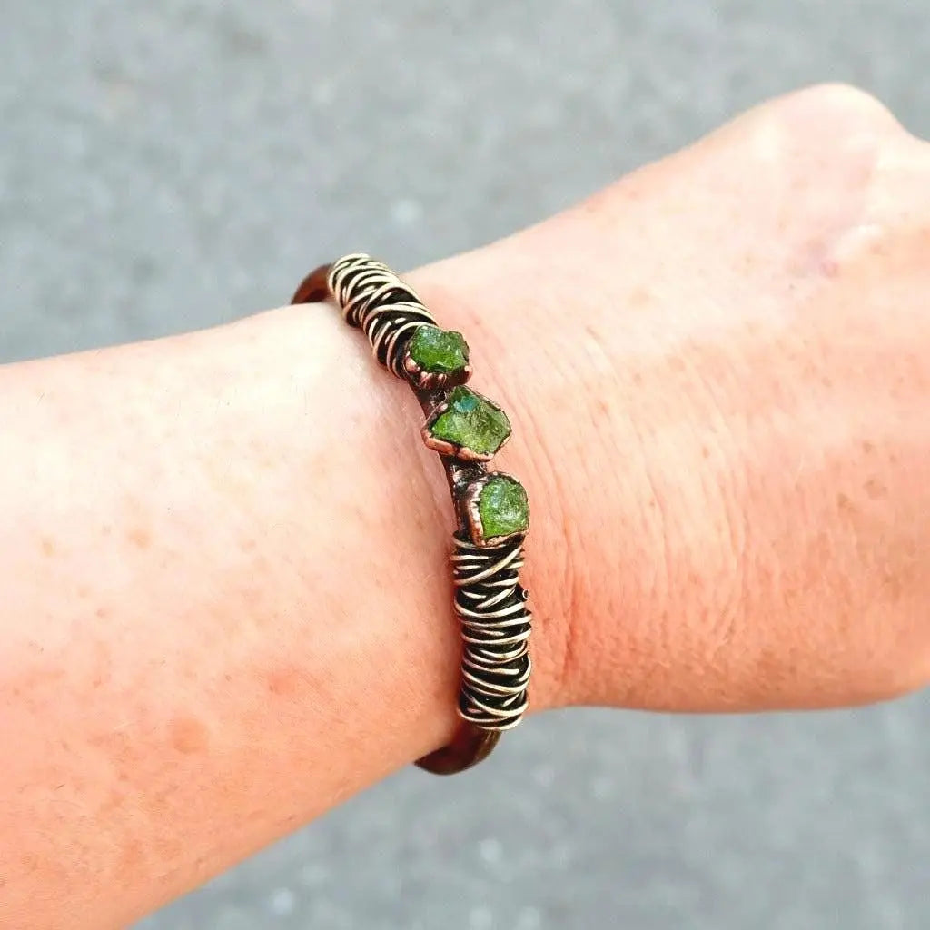 Raw Peridot Copper Cuff Bracelet: Electroformed Bronze Wire Wrapped Bangle - BlackbirdSageStudio