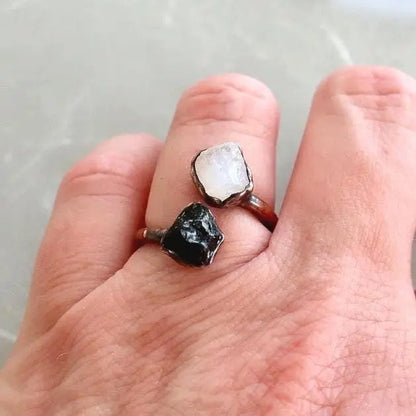 Electroformed Copper Ring: Raw Black Tourmaline & Moonstone Twist - BlackbirdSageStudio
