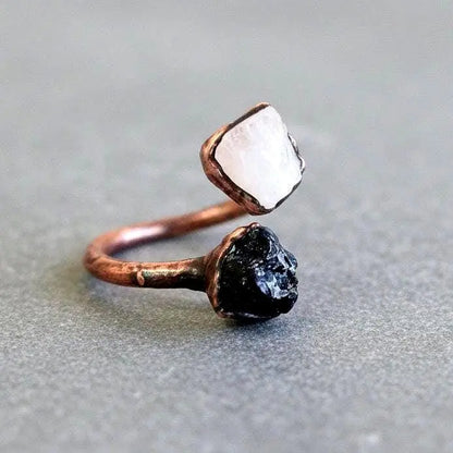 Electroformed Copper Ring: Raw Black Tourmaline & Moonstone Twist - BlackbirdSageStudio