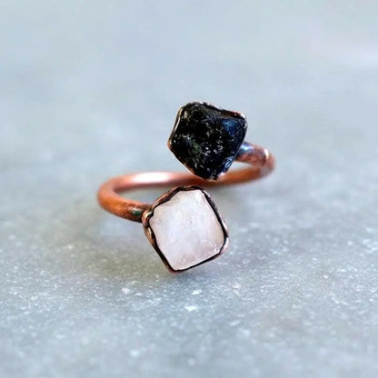 Electroformed Copper Ring: Raw Black Tourmaline & Moonstone Twist - BlackbirdSageStudio