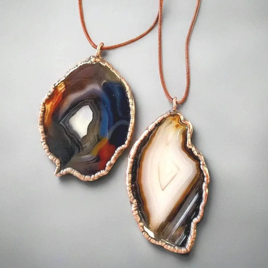 Electroformed Copper Blue Agate Slice Necklace: Handmade Boho Pendant - BlackbirdSageStudio