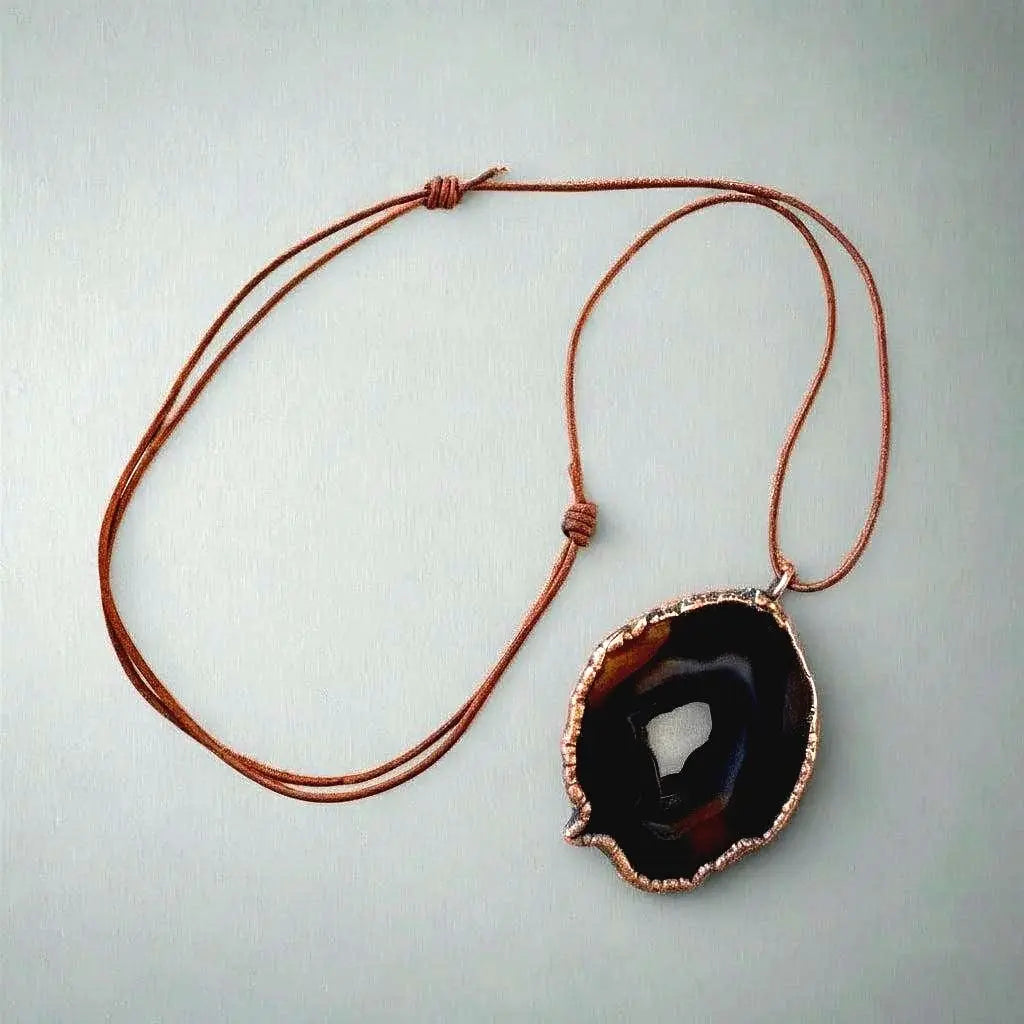 Electroformed Copper Blue Agate Slice Necklace: Handmade Boho Pendant - BlackbirdSageStudio