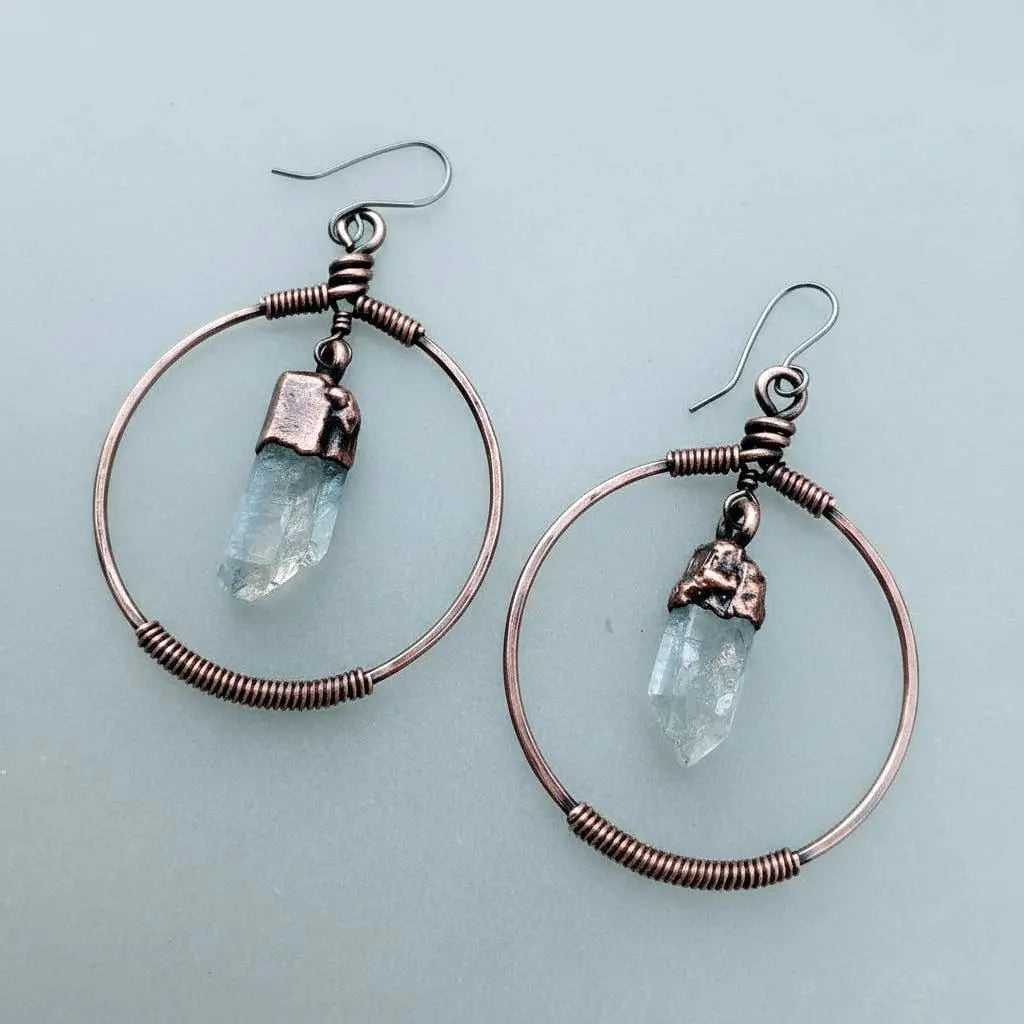 Electroformed Copper Quartz Point Hoop Earrings: Handmade Boho Jewelry - BlackbirdSageStudio
