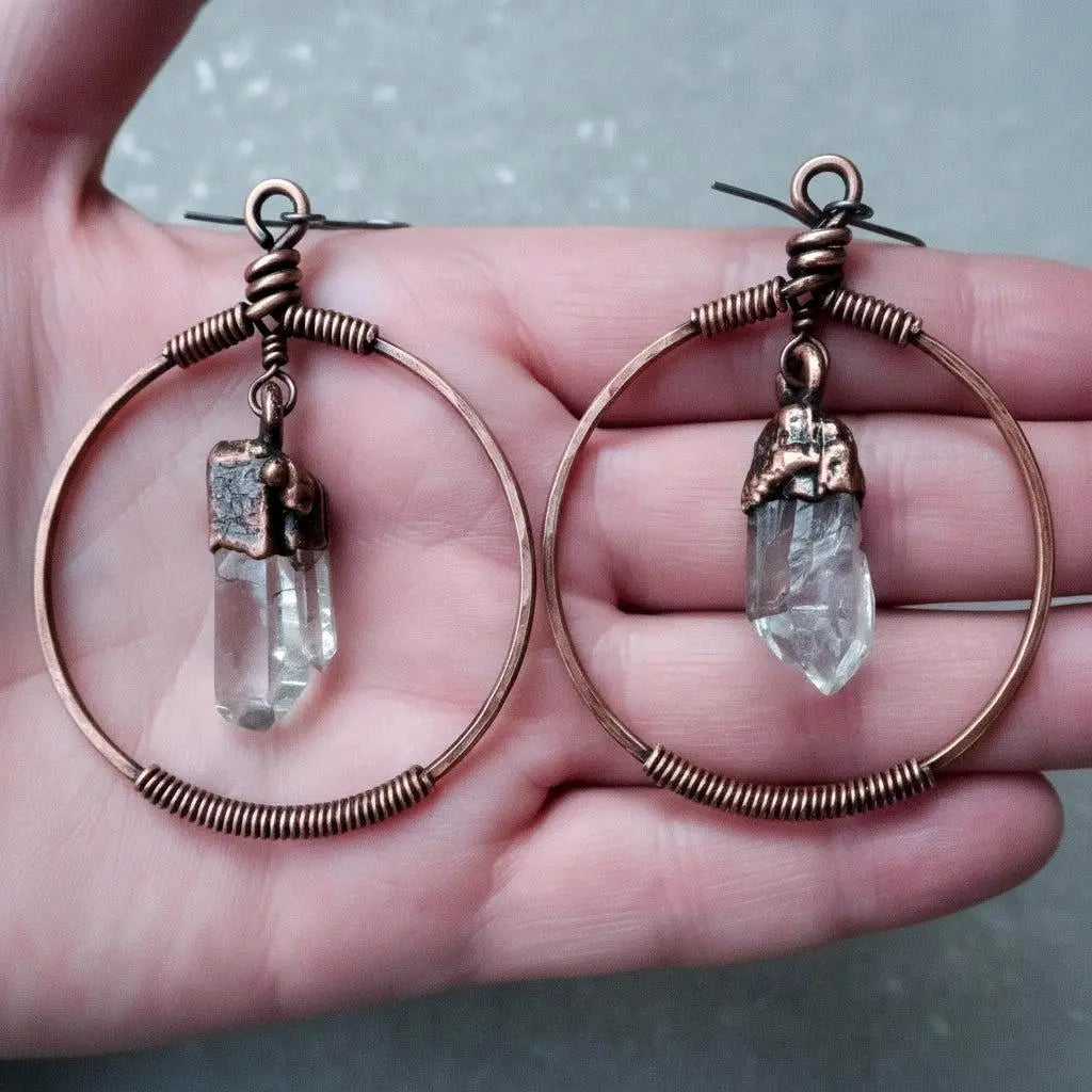Electroformed Copper Quartz Point Hoop Earrings: Handmade Boho Jewelry - BlackbirdSageStudio