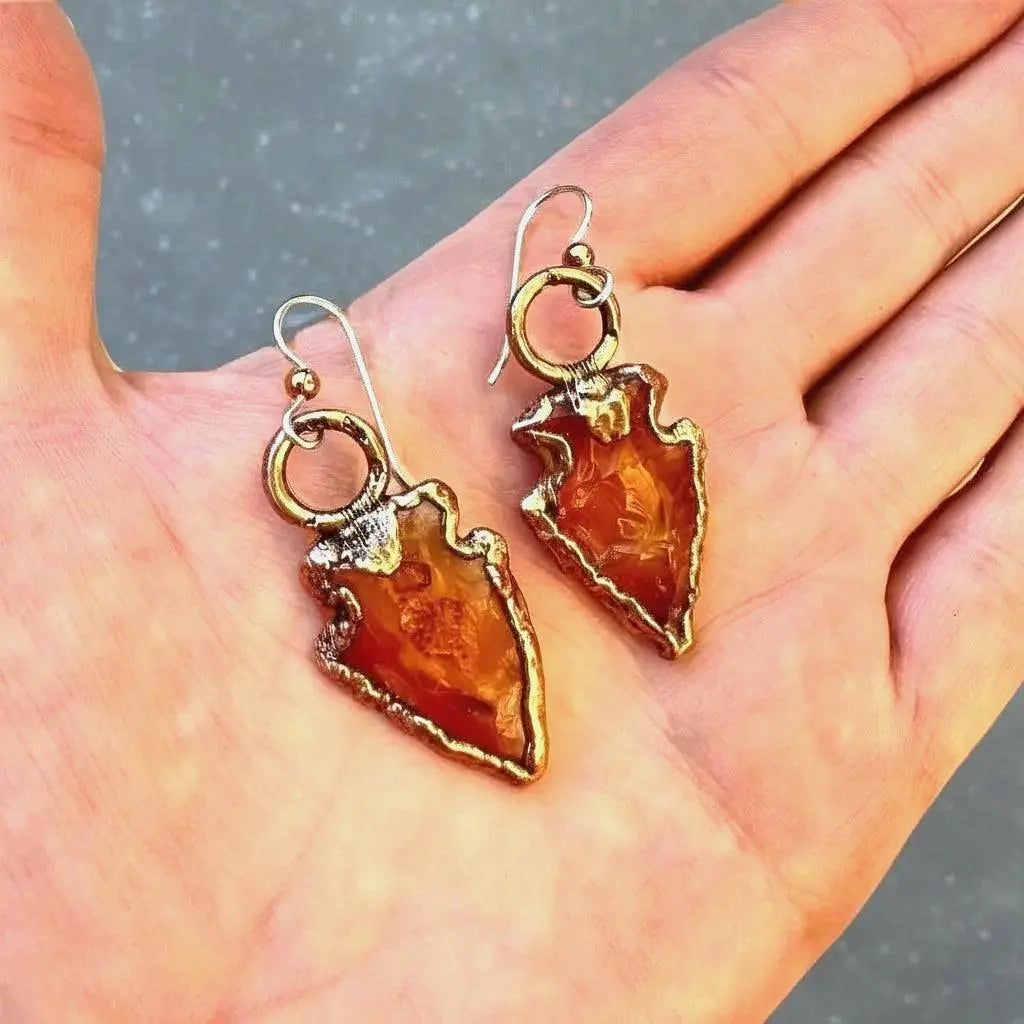 Handmade Carnelian Arrowhead Earrings: Electroformed Copper Boho Jewelry - BlackbirdSageStudio