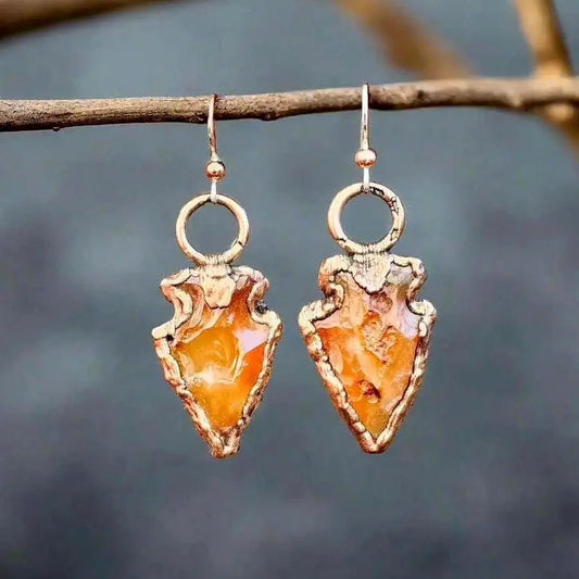Handmade Carnelian Arrowhead Earrings: Electroformed Copper Boho Jewelry - BlackbirdSageStudio