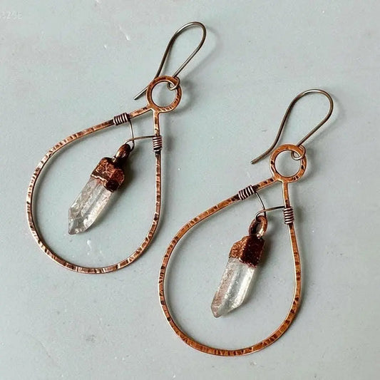 Electroformed Copper Quartz Point Earrings: Hand Hammered Bronze Hoops - BlackbirdSageStudio