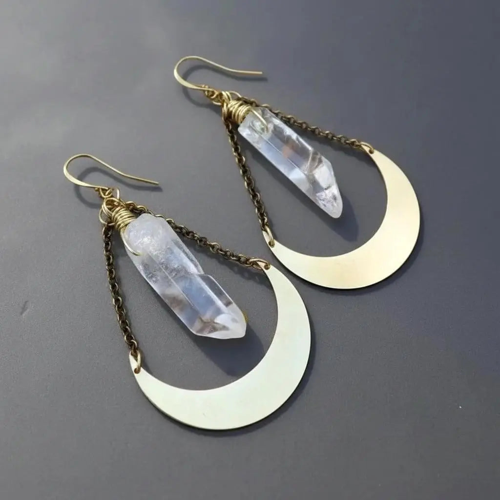 Quartz Point and Brass Crescent Moon Earrings: Boho Crystal Jewelry - BlackbirdSageStudio