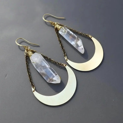 Quartz Point and Brass Crescent Moon Earrings: Boho Crystal Jewelry - BlackbirdSageStudio