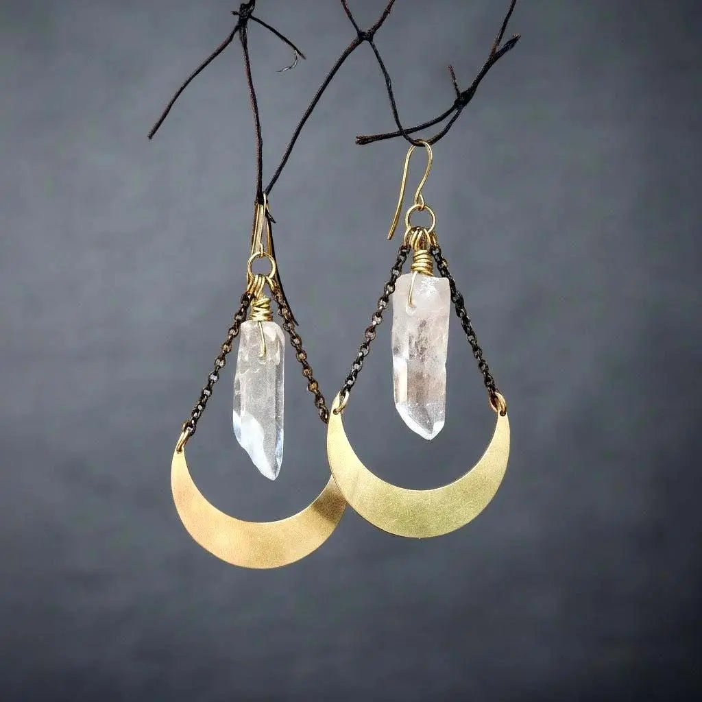 Quartz Point and Brass Crescent Moon Earrings: Boho Crystal Jewelry - BlackbirdSageStudio