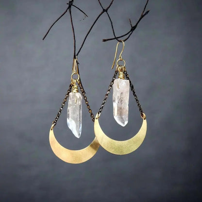 Quartz Point and Brass Crescent Moon Earrings: Boho Crystal Jewelry - BlackbirdSageStudio