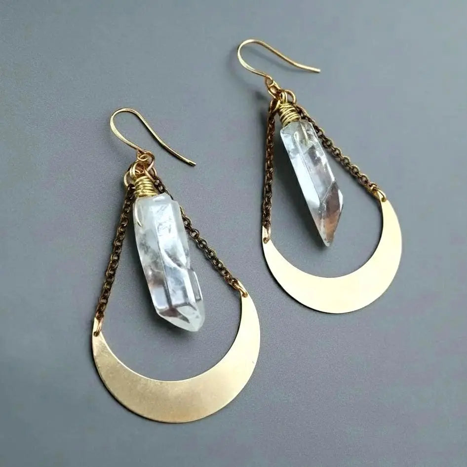 Quartz Point and Brass Crescent Moon Earrings: Boho Crystal Jewelry - BlackbirdSageStudio