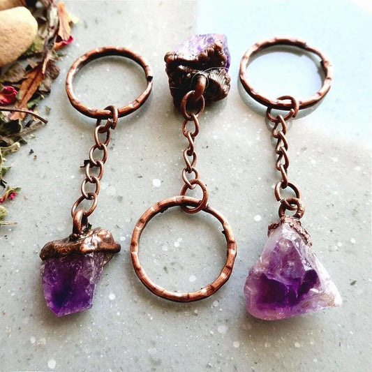 Raw Amethyst Crystal Copper Keychain for Healing Energy - Blackbird & Sage Jewelry