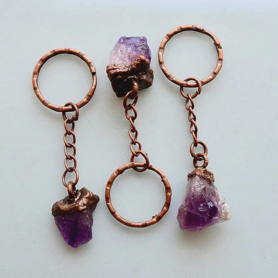 Raw Amethyst Crystal Copper Keychain for Healing Energy - Blackbird & Sage Jewelry