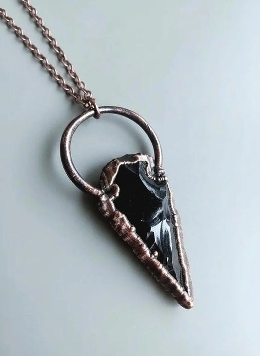 Electroformed Copper Obsidian Arrowhead Pendant Necklace - BlackbirdSageStudio