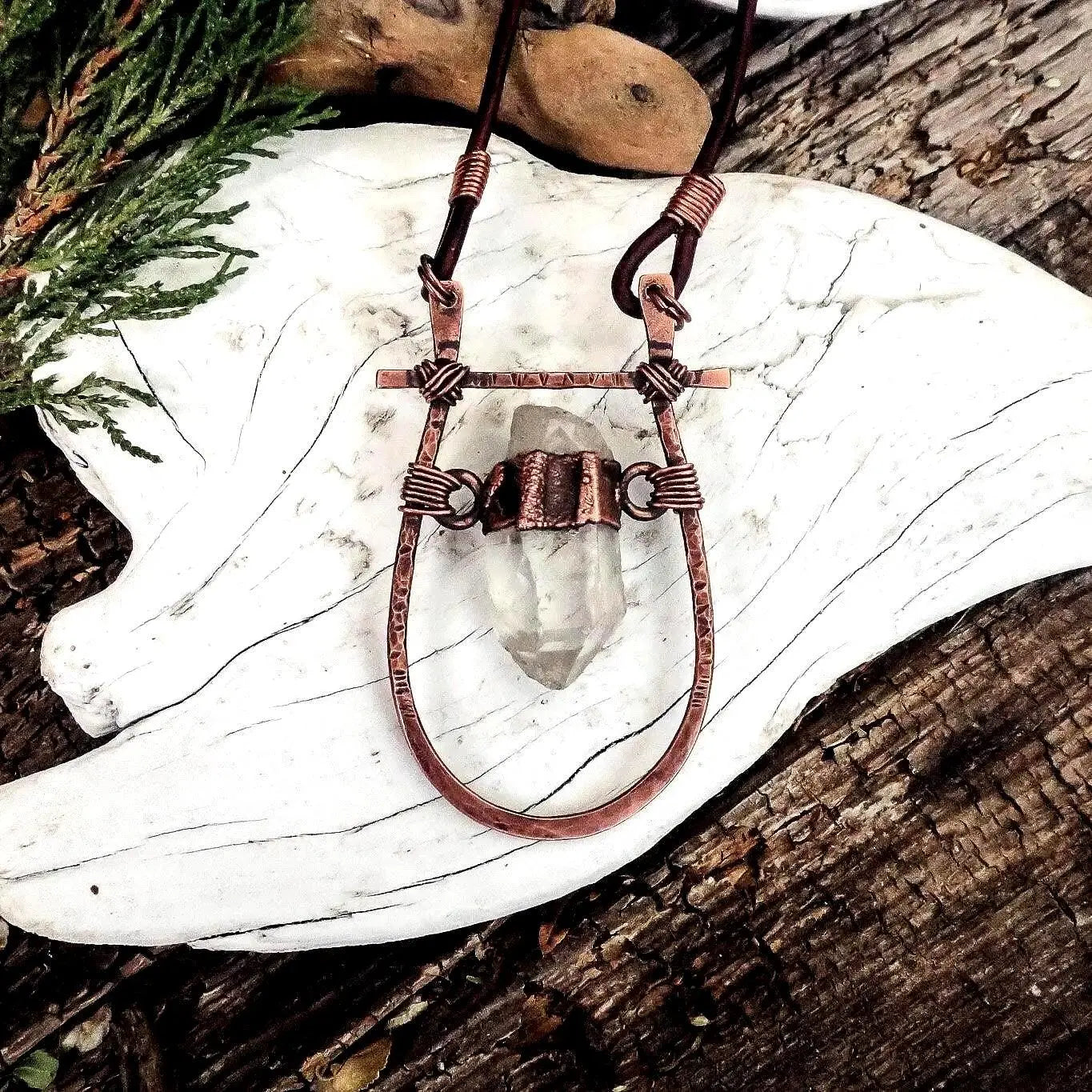 Quartz Talisman Necklace: Hand Hammered Copper Pendant, Leather Boho Necklace - BlackbirdSageStudio