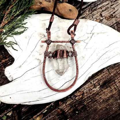 Quartz Talisman Necklace: Hand Hammered Copper Pendant, Leather Boho Necklace - BlackbirdSageStudio