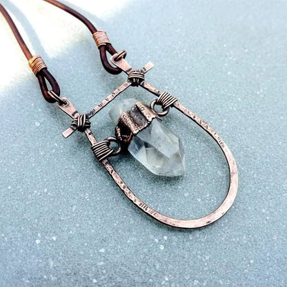 Quartz Talisman Necklace: Hand Hammered Copper Pendant, Leather Boho Necklace - BlackbirdSageStudio