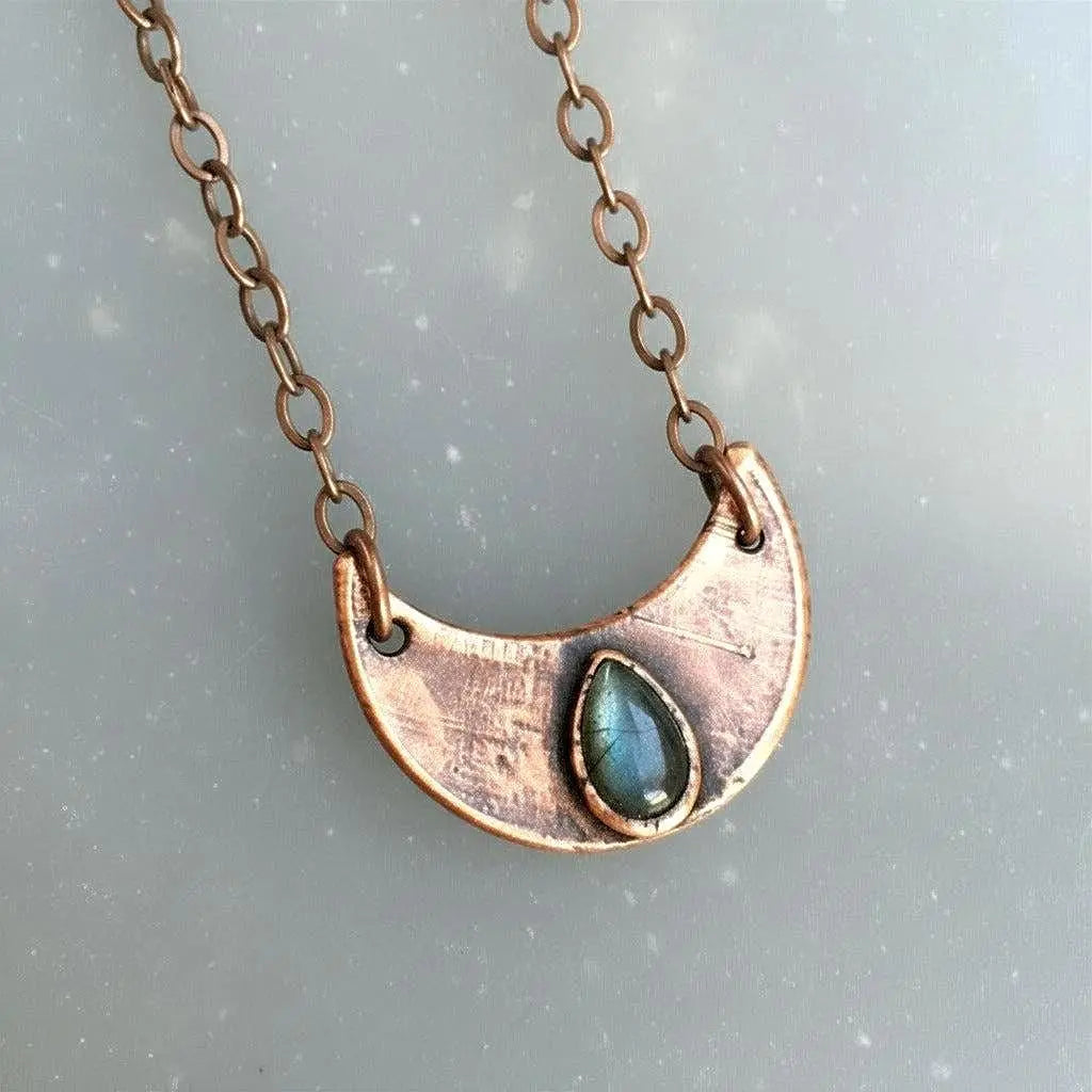 Electroformed Labradorite Crescent Moon Pendant Necklace, Copper Jewelry - BlackbirdSageStudio