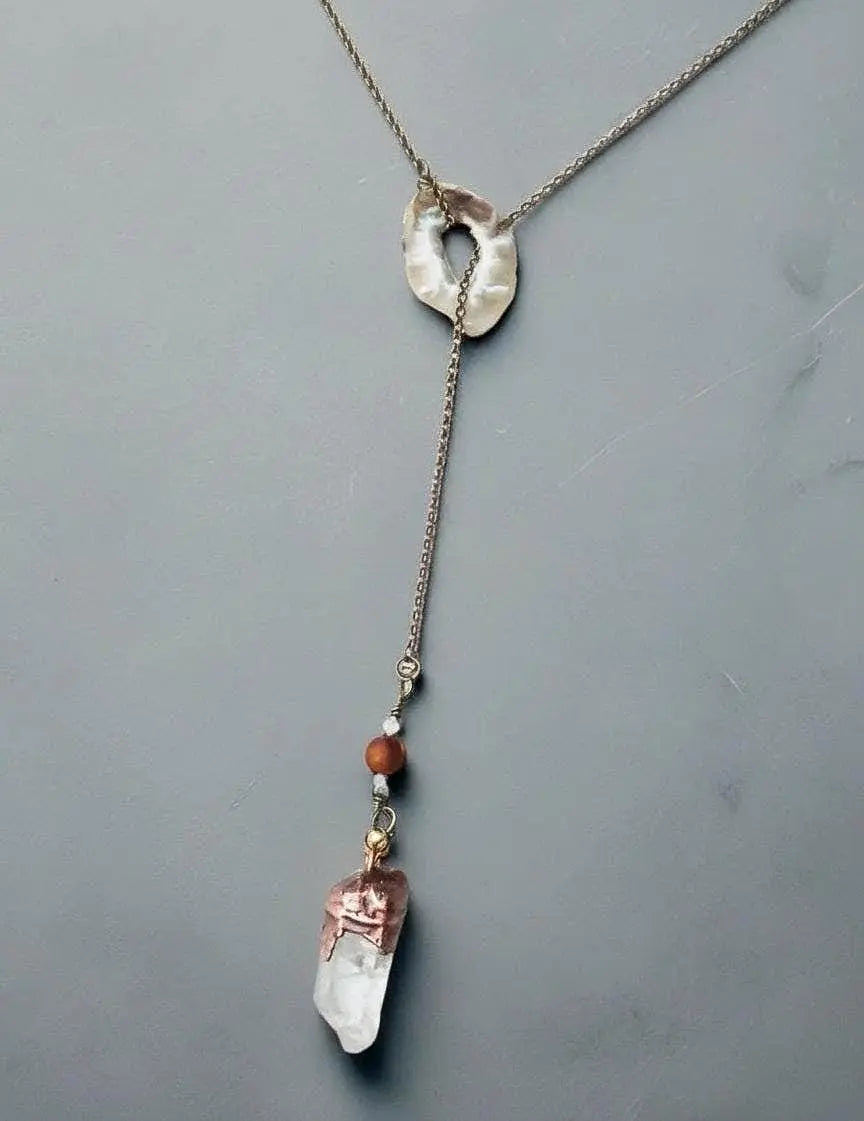 Raw Quartz Lariat Necklace: Copper Electroformed Crystal, Boho Gemstone Jewelry - BlackbirdSageStudio