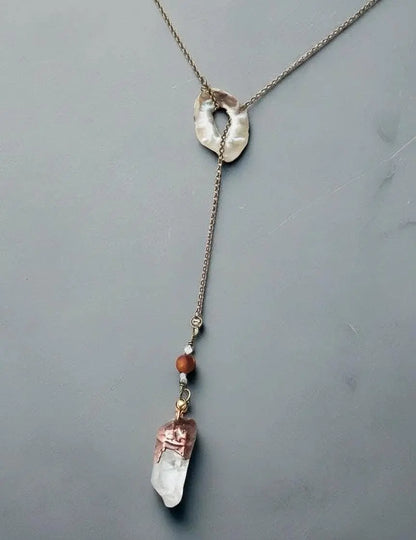 Raw Quartz Lariat Necklace: Copper Electroformed Crystal, Boho Gemstone Jewelry - BlackbirdSageStudio