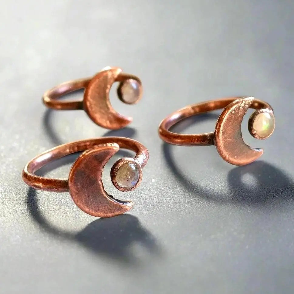 Electroformed Copper Ring: Crescent Moon & Labradorite, Bohemian Jewelry - BlackbirdSageStudio