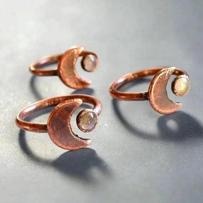 Electroformed Copper Ring: Crescent Moon & Labradorite, Bohemian Jewelry - BlackbirdSageStudio