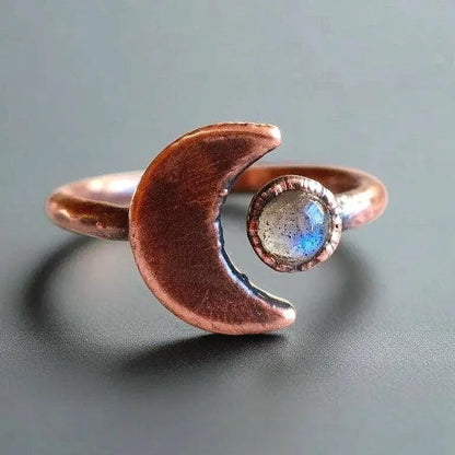 Electroformed Copper Ring: Crescent Moon & Labradorite, Bohemian Jewelry - BlackbirdSageStudio