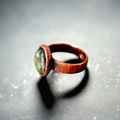 Handmade Seraphinite Crystal Ring: Electroformed Copper Boho Band - BlackbirdSageStudio